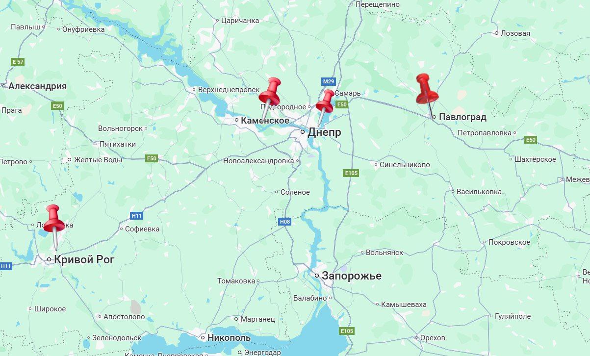 Мапа Дніпропетровської області з позначками відключень